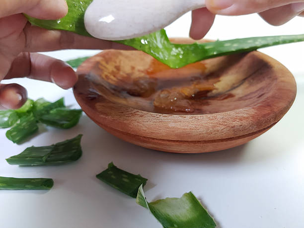 istock Scooping out the aloe vera gel using spoon into wooden plate on the white background 2227643614