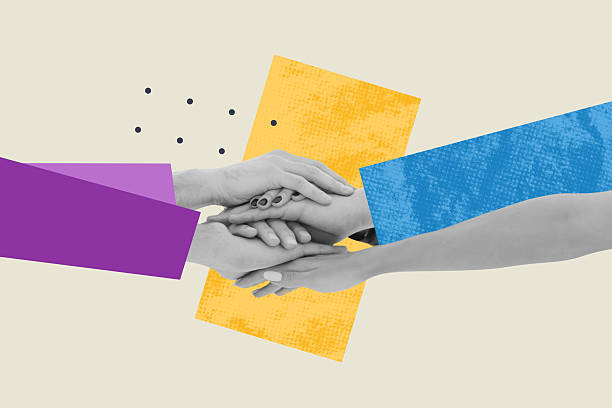 istock Creative pop poster sketch art collage of hands hold together high five support unity cooperation colleagues company development 2227645804