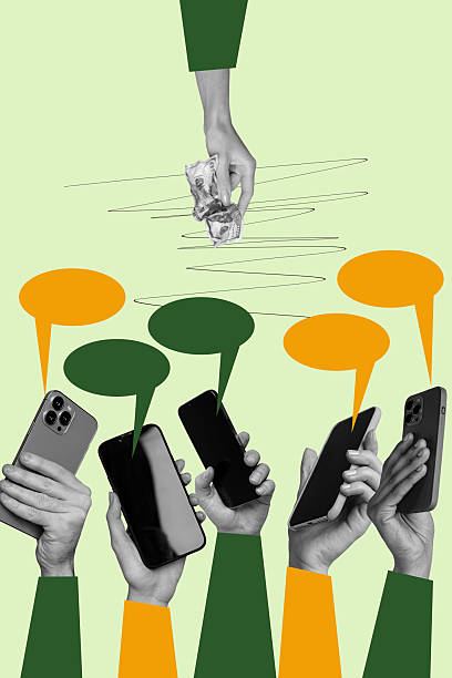 istock Poster image vertical photo collage of hands hold phone device bubble communication chatterbox speech networking crowd arms 2227645900