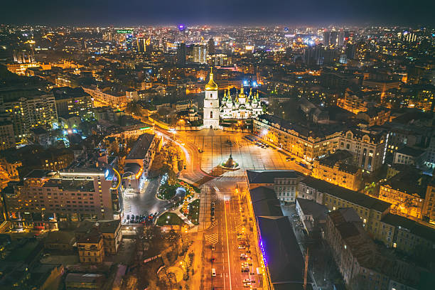Aerial night view of Kyiv city center. Kiev. St Michael's Golden-Domed Monastery and Cathedral with illumination