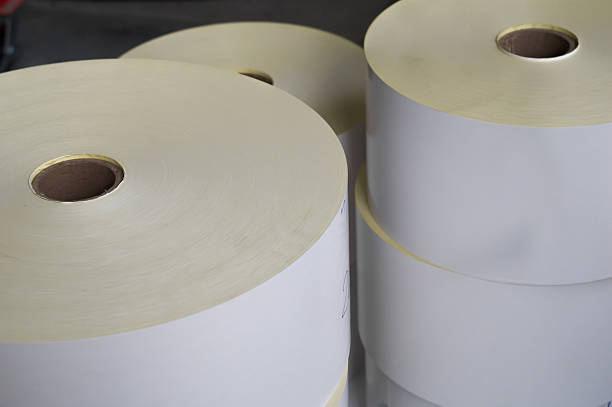 istock Rolls of white offset self-adhesive paper for printing a color label. Paper rollers on a cardboard core. Warehouse of paper materials of the printing house. Selective focus 2227648619