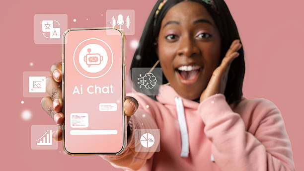 istock Excitement for AI chat application displayed by a young woman in a light pink setting 2227649621