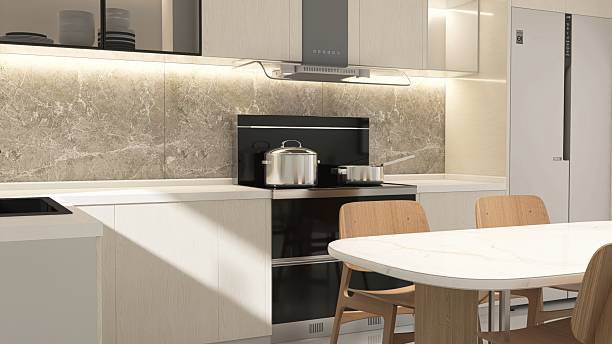 istock White marble kitchen counter with black induction stove, hood with stone splash back in dining room in sunlight for interior design decoration, cooking, food, kitchenware product background 3D 2227650044