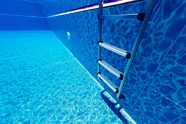 istock Pool ladder underwater with blue tiles. 2227655225