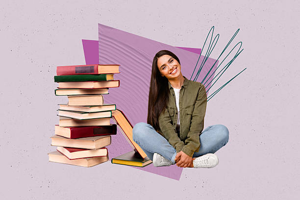 istock Creative pop poster sketch art collage of happy student girl guy do homework book stack education concept bookworm hobby reader 2227655644