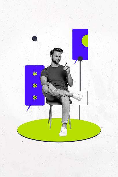 istock 3D collage design composite trend artwork sketch of young guy sit armchair hand write sms smartphone talk dialog comment bubble speech 2227655669
