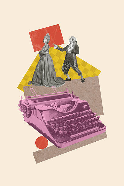Banner sketch image collage of two happy duke duchess stand retro typewriter machine renaissance period historical novelist