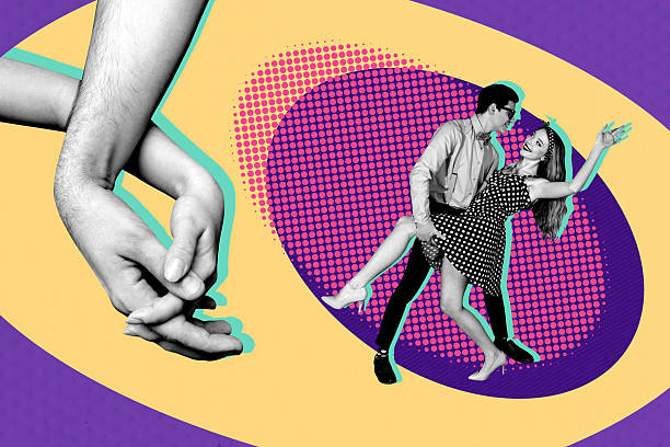 istock Template sketch image composite collage of hand hold together symbol gesture showing bonding young lady man dance together retro style 2227656771