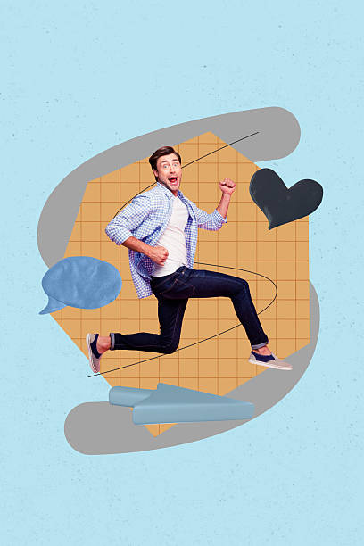 Creative trend collage of person stand cursor run with like comment on blue background