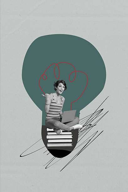 istock 3d sketch image vertical collage of happy girl guy student sit book stack education knowledge hold laptop elearn light bulb idea 2227657144