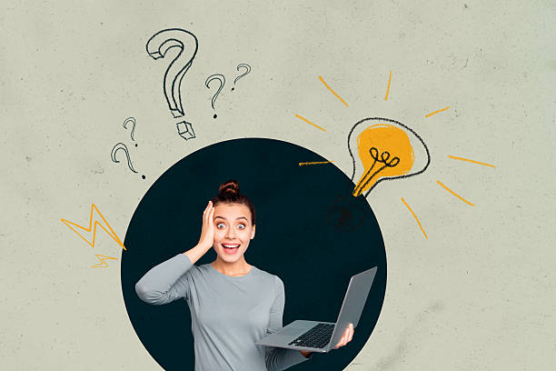 istock Collage of remote worker with laptop smartphone tablet surrounded by question marks light bulb symbolizing new business ideas 2227657992