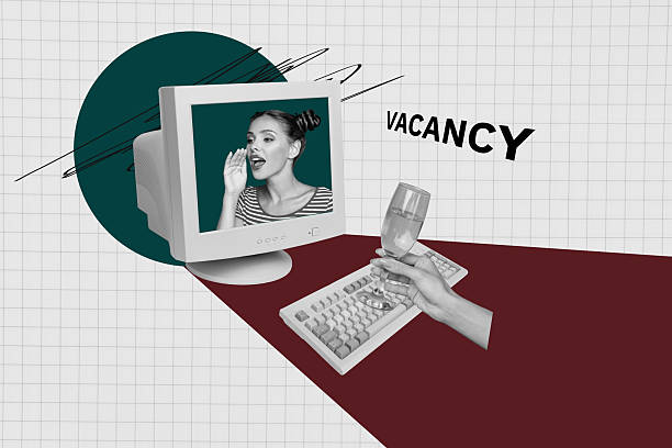 istock Image poster collage of person on PC screen with vacancy text having hand hold wine on white background 2227658665