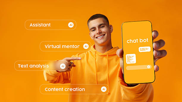 istock Engaging young man showcasing chatbot features on smartphone against bright orange background 2227660667