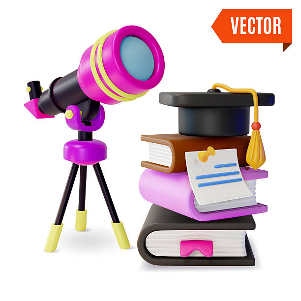 istock 3d Space Education Concept Telescope with Tripod and Black Graduation Cap on Top of Pile of Books Cartoon Design Style. Vector 2227660813