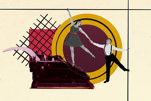 istock Creative trend 3D collage sketch of typewrite machine journalist young lady hand hold man dance performer rhythm dance grace choreography 2227660846