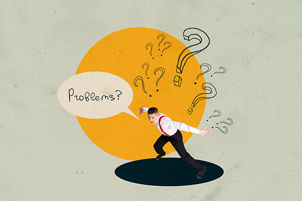 Creative collage showing confused man woman with question marks speech bubble illustrating mental overload life problems