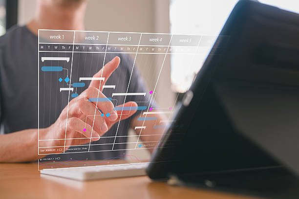 istock Time management project planning staff working hours concept, Project manager updating tasks and milestones progress planning with Gantt chart scheduling interface on a virtual screen 2227664474