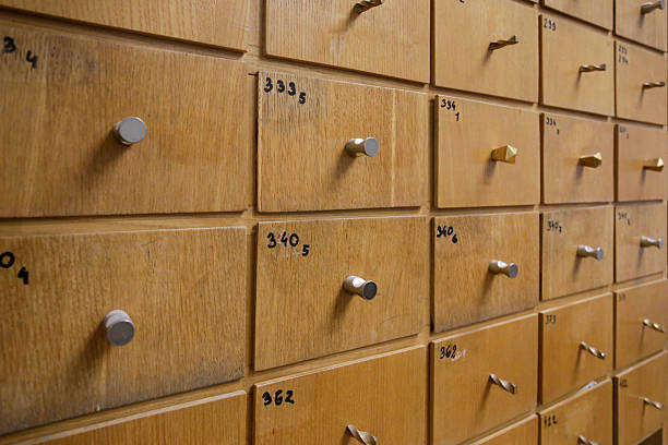 istock Library card file. Old archive with drawers. Filing cabinet. Side view 2227666211