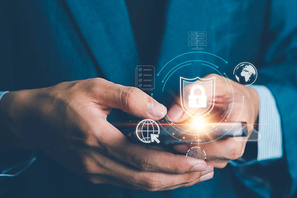 istock Cybersecurity and privacy concepts to protect data. Lock icon and internet network security technology. Businessman protecting personal data on smartphone, virtual screen interfaces. cyber security. 2227667858