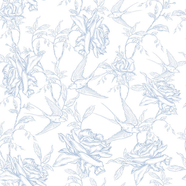 Vintage Toile de Jouy Pattern with Blue Roses and Swallows. Seamless floral and bird illustration