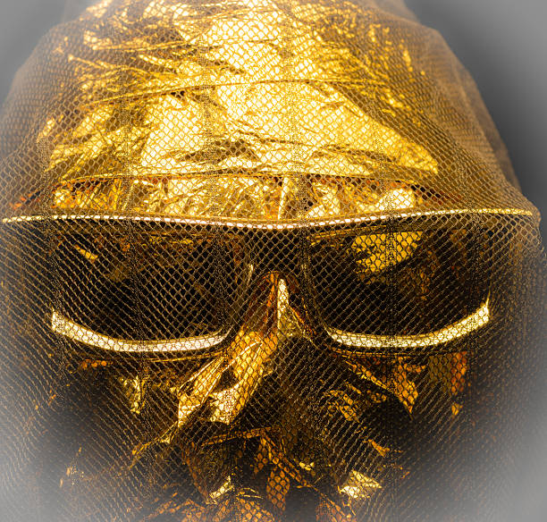 Plastic model head with gold foil and gold sunglasses and black net Asia
