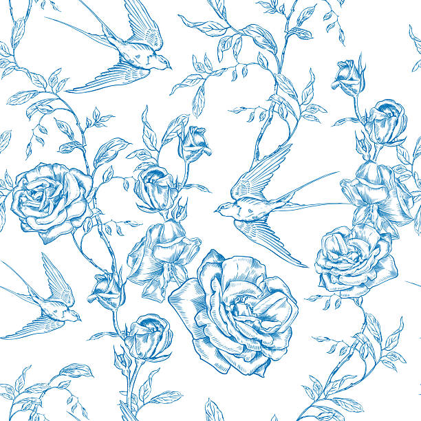 Vintage Toile de Jouy Pattern with Blue Roses and Swallows. Seamless floral and bird illustration