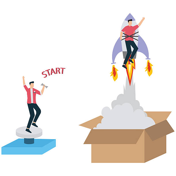 istock Businessman Launching Out of Box with Rocket Booster Illustration 2227673010