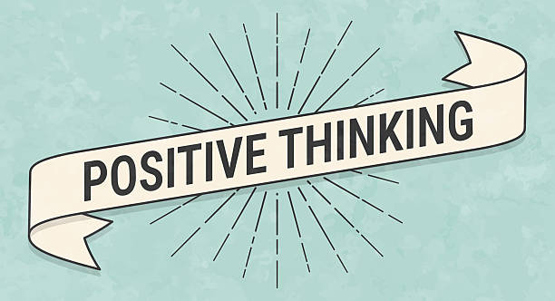 Positive Thinking. Banner, ribbon, label in a trendy vintage style. Beautiful retro ribbon with old textured paper and sunbursts in the background. Colors used: green, blue, beige and black. The banner is beige with a black outline, the sunbursts and the text are black. The background is green-blue. Vector Illustration (EPS file, well layered and grouped). Easy to edit, manipulate, resize or colorize. Vector and Jpeg file of different sizes.