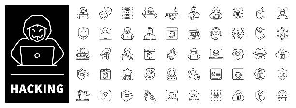 Laptops, code, anonymous faces, viruses, outline collection. Cybersecurity and attack-themed set of 50 outline icons Laptops, code, anonymous faces, viruses, outline collection. Cybersecurity and attack-themed set of 50 outline icons dark web stock illustrations