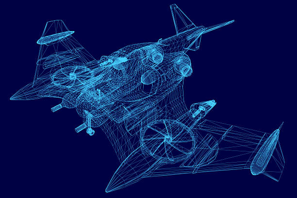 istock A 3D wireframe model of a combat fighter jet with intricate details, rendered realistically against a solid blue background. The design highlights aerodynamic contours and structural framework. 2227679142