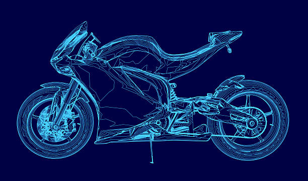 istock A sleek blue motorcycle stands out against a dark blue background with sharp contrast. The vector illustration features clean contours and precise lines. 2227679798