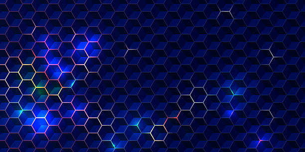 istock Futuristic hexagonal grid with glowing cubes in vibrant colors against a dark background. Perfect for cyberpunk-themed interfaces, tech visuals, and digital art projects. 2227681323
