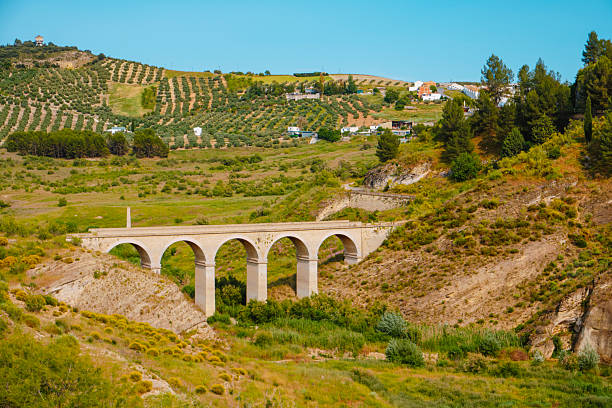 a view of a stone bridge crossing the Priego stream in Iznajar, in the province of Cordoba, Spain, whose waters flow into the Iznajar reservoir a little further downstream, on a sunny spring day