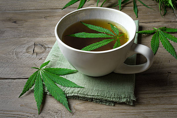 istock Hemp herbal tea and green hemp leaves 2227683297