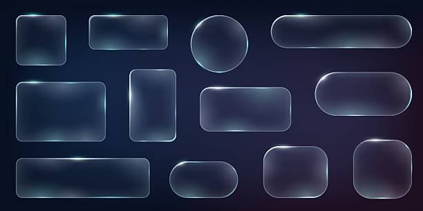 Set of frames and design UI UX elements in the style of liquid glass. Collection of translucent geometric shapes with glassy effect on a dark background. Includes rectangles, circles, and ovals.