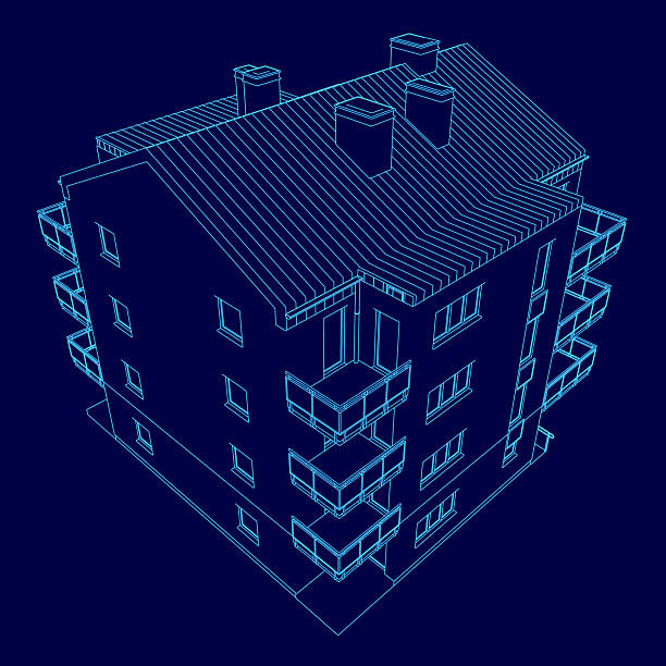 istock A 3D model of a building displays clean contours and precise architectural details on a solid blue background. The blueprint-style rendering highlights structural elements with sharp lines and depth. 2227685017