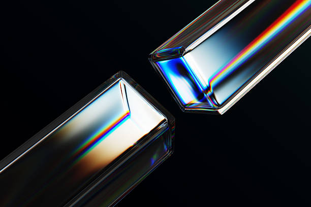 3d black background with glass chromatic cube block shapes render. Abstract crystal diagonal line pattern with rainbow caustic effect, neon light holographic gradient. Digital tech bg. 3D illustration