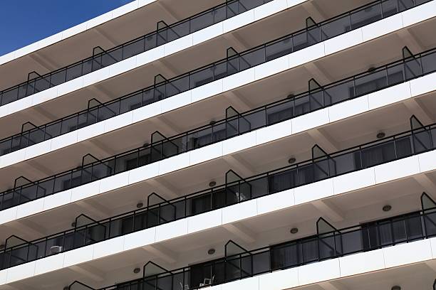 Benidorm generic high rise hotel building balconies. Modern architecture. Benidorm town in Valencian Community (Comunidad Valenciana), Spain.