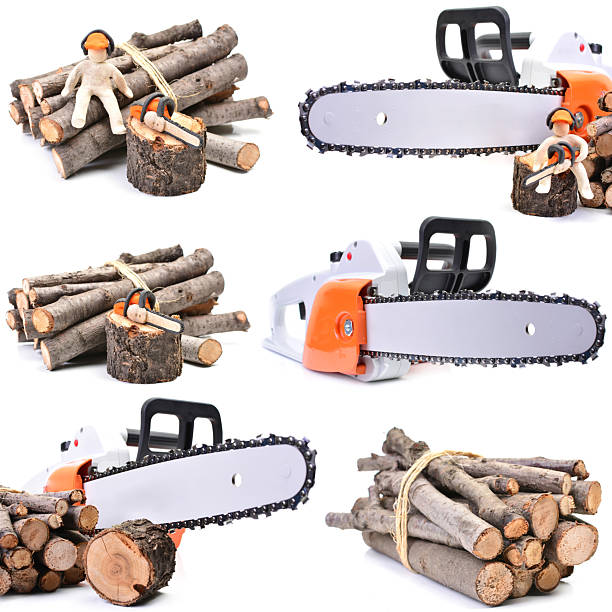 a young man splits wood that has been cut into boards with a chainsaw machine in the forest