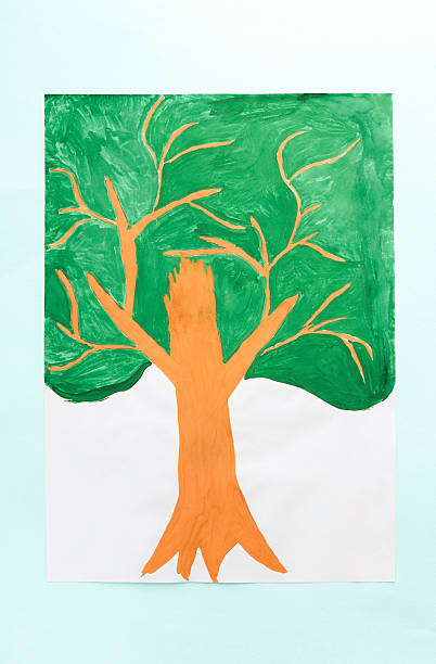 Children's drawing: painted tree isolated on a white background. Children's creativity. A sample for a child to draw a tree.