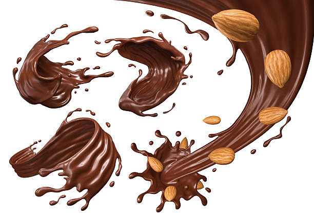 istock Chocolate almond splash on white background with clipping path, 3D render liquid chocolate swirl and flying almond isolated 2227694678