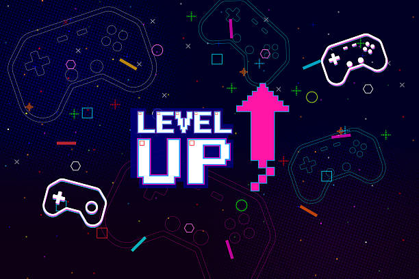 istock LEVEL UP icon pixel art. 8 bit game. retro game. Retro Futurism Sci-Fi Background. glowing neon grid. and stars from vintage arcade computer games 2227699153