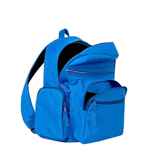 istock Blue backpack opened isolated on white.School bag advertisement design. Knapsack, rucksack,travel bag.Touristic item. 2227700620