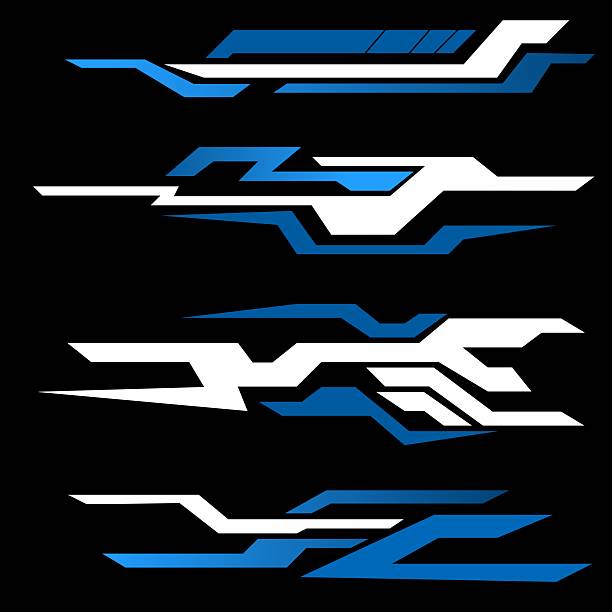 Futuristic Blue and White Racing Decals Set A set of futuristic racing decals in blue and white with bold angular lines and dynamic abstract shapes car side decals stock illustrations