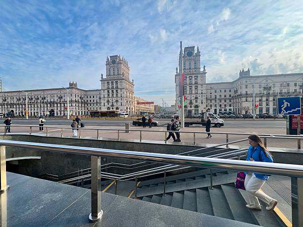 Minsk, Belarus - May 03, 2025: Gates of Minsk, two monumental, high-rise buildings that flank the entrance to the city's central railway station, forming a symbolic gateway