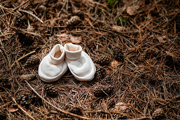 A pair of tiny white baby shoes are left in a forest surrounded by pine needles and small cones.