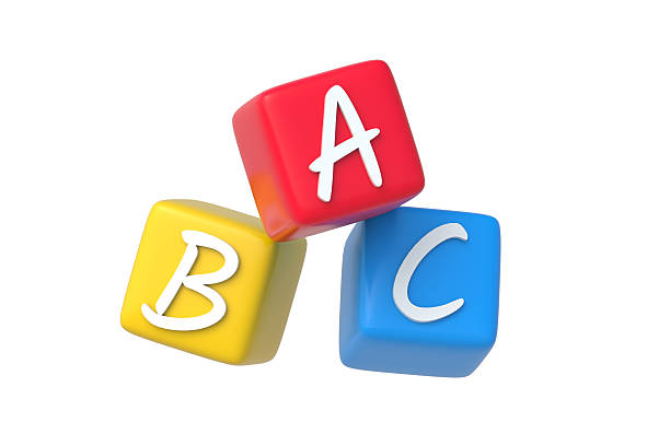 Falling abc blocks for preschool education isolated on white background. Colorful cubes with letters for studying. Learning english. 3d render