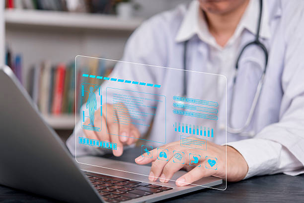istock Integrating AI technology in medicine: A doctor examining patient data displayed holographically on a computer screen, reflecting complex analysis and faster, more accurate medical decisions. 2227711789