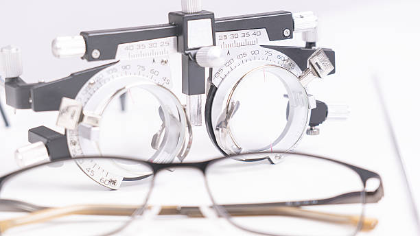 istock A pair of eyeglasses sits on a table next to a device that measures the distance 2227712387