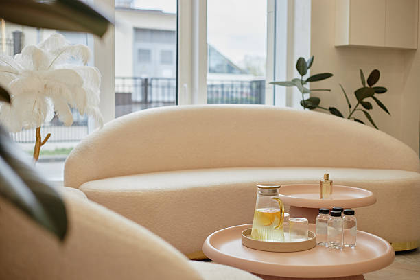 Modern Waiting Room Featuring Refreshing Lemonade and Bottled Water on Table